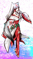 Rule 34 | 1girl, adapted uniform, amaterasu (ookami), animal ears, barefoot, belt, bodypaint, breasts, cleavage, feet, fine art parody, hair ornament, hair ribbon, japanese clothes, long hair, long sleeves, magatama, miko, multicolored hair, ookami (game), open mouth, parody, personification, red eyes, red thighhighs, ribbon, solo, standing, sumi-e, thighhighs, toeless legwear, toes, two-tone hair, very long hair, white hair, wolf ears, zettai ryouiki
