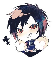 +++ 1boy black_hair cropped_shoulders deformed durarara!! eromkk fur_trim grin hair_between_eyes high_collar looking_at_viewer male_focus orihara_izaya red_eyes short_hair simple_background smile solo teeth white_background white_fur