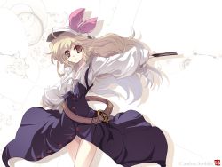 Rule 34 | 1girl, belt, blonde hair, bow, hand fan, female focus, hat, highres, long hair, ribbon, scan, silent sinner in blue, smile, solo, tokiame, touhou, wallpaper, watatsuki no toyohime, white background, yellow eyes