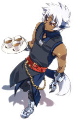 Rule 34 | 1boy, animal ears, armored boots, belt, black pants, blue shirt, boots, chain, coffee mug, commentary request, cup, dark skin, dark-skinned male, forehead jewel, from above, full body, gauntlets, holding, holding tray, lyrical nanoha, male focus, mug, pants, red eyes, shadow, shirt, simple background, sleeveless, sleeveless shirt, solo, tray, tsuchinoko (muni muni), waiter, white background, white hair, wolf ears, wolf tail, zafira
