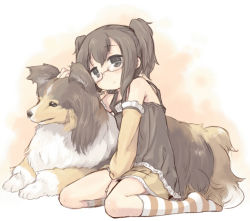 Rule 34 | 1girl, 7010, black eyes, black hair, detached sleeves, dog, glasses, kneehighs, original, personification, sheltie, skirt, socks, solo, striped clothes, striped socks, tank top, twintails