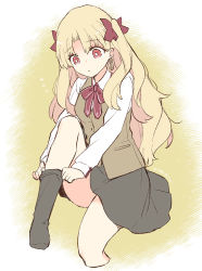 Rule 34 | 1girl, adjusting clothes, adjusting legwear, azumi (myameco), black skirt, blonde hair, commentary request, ereshkigal (fate), fate/grand order, fate (series), hair ribbon, long hair, long sleeves, looking down, neck ribbon, red eyes, red ribbon, ribbon, school uniform, shirt, skirt, solo, two side up, white shirt