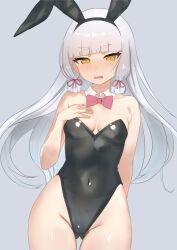Rule 34 | 1girl, alternate costume, animal ear headwear, animal ears, bare arms, bare shoulders, black leotard, blunt bangs, blush, bow, bowtie, breasts, cleavage, collarbone, covered navel, cowboy shot, detached collar, fake animal ears, gluteal fold, grey background, grey hair, hair ribbon, hand on own chest, highleg, highleg leotard, impossible clothes, impossible leotard, kantai collection, leotard, long hair, looking at viewer, medium breasts, murakumo (kancolle), navel, open mouth, orange eyes, pink bow, pink bowtie, pink ribbon, playboy bunny, rabbit ears, ribbon, sakieko, sidelocks, simple background, solo, standing, strapless, strapless leotard, tress ribbon