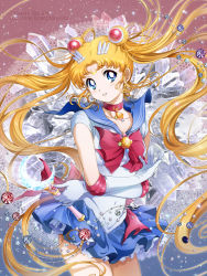 Rule 34 | 10s, 1girl, bishoujo senshi sailor moon, bishoujo senshi sailor moon crystal, blonde hair, blue eyes, blue sailor collar, blue skirt, bow, brooch, choker, crescent, crescent facial mark, crystal, derivative work, double bun, earrings, elbow gloves, facial mark, forehead mark, gem, gloves, jewelry, kaze-hime, long hair, magical girl, moon stick, red bow, ribbon, sailor collar, sailor moon, skirt, solo, tsukino usagi, twintails, white gloves