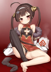 Rule 34 | 1girl, ahoge, anchor hair ornament, ass, azur lane, baozi, bare shoulders, barefoot, black panties, black thighhighs, blush, breasts, brown hair, china dress, chinese clothes, closed mouth, commentary request, dress, food, fur-trimmed jacket, fur trim, hair ornament, hairband, hairpods, head tilt, jacket, long hair, long sleeves, medium breasts, muu rian, no shoes, off shoulder, panties, partially visible vulva, ping hai (azur lane), red dress, red eyes, sidelocks, single thighhigh, sitting, sleeveless, sleeveless dress, sleeves past wrists, sleeves pushed up, solo, steam, thighhighs, unworn thighhighs, toenails, twintails, underwear, white hairband, white jacket