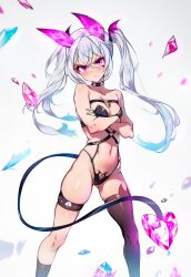 Rule 34 | 1girl, ai-assisted, angry, animal ears, cat ears, choker, crystal, demon girl, demon tail, highres, kuromasa, latex, long hair, original, pink eyes, self-upload, simple background, skinny, solo, tail, thighhighs, tsundere, twintails