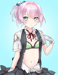 Rule 34 | 10s, 1girl, blue background, blue eyes, bra, breasts, burnt clothes, frown, gloves, green bra, hair ornament, kantai collection, mirakururu, navel, neck ribbon, personification, pink hair, ponytail, red ribbon, ribbon, school uniform, shiranui (kancolle), short hair, short sleeves, simple background, skirt, small breasts, solo, torn clothes, underwear, white gloves