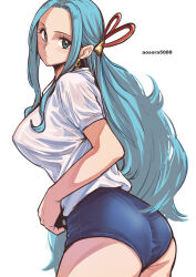 Rule 34 | 1girl, alternate costume, aosora2823, artist name, ass, blue buruma, blue eyes, blue hair, blush, breasts, buruma, closed mouth, commentary, cowboy shot, earrings, expressionless, eyelashes, forehead, from side, gym uniform, highres, jewelry, large breasts, light blue hair, long hair, looking at viewer, looking back, nefertari vivi, one piece, parted bangs, shirt, short sleeves, simple background, solo, standing, white background, white shirt