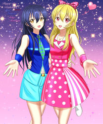 Rule 34 | 1girl, 2girls, absurdres, aqua pants, artist name, artist request, bare legs, bare shoulders, belt, blonde hair, blue hair, blue shirt, blue wrist cuffs, blush, bow, breasts, checkered clothes, checkered neckwear, collarbone, collared shirt, dress, female focus, hair between eyes, hair bow, heart, highres, jewelry, long hair, looking at viewer, love live!, love live! school idol project, medium breasts, multiple girls, necklace, pants, parted lips, pink bow, pink dress, pink eyes, pink skirt, pink wrist cuffs, polka dot, polka dot bow, polka dot skirt, shirt, sho (higashi), shoes, skirt, smile, sonoda umi, standing, standing on one leg, striped clothes, striped skirt, vertical-striped clothes, vertical-striped skirt, white footwear, wrist cuffs, yellow eyes