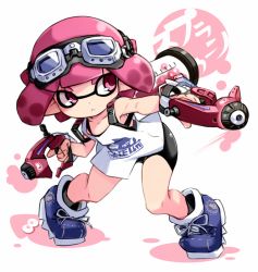 Rule 34 | 1girl, bike shorts, black shorts, blue footwear, blunt bangs, closed mouth, commentary request, cross-laced footwear, dapple dualies (splatoon), dual wielding, frown, goggles, goggles on head, holding, holding weapon, ink tank (splatoon), inkling, inkling (language), inkling girl, inkling player character, karukan (monjya), looking to the side, nintendo, pointy ears, print shirt, shirt, shoes, short hair, shorts, sneakers, solo, splatoon (series), splatoon 2, standing, tank top, tentacle hair, tiptoes, weapon, white background, white shirt