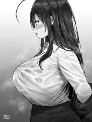 Rule 34 | 1girl, ahoge, breasts, collared shirt, curvy, from side, hair between eyes, highres, huge breasts, jacket, lips, long hair, long sleeves, monochrome, oekakizuki, office lady, original, pencil skirt, see-through, see-through shirt, senpai (oekakizuki), shirt, skirt, standing, undressing, upper body, wet, wet clothes, wet shirt, white shirt