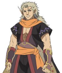 Rule 34 | 1boy, abs, ainu clothes, aquaplus, biceps, blonde hair, brown eyes, cape, clenched hands, cowboy shot, gauntlets, grin, head tilt, highres, long hair, looking at viewer, messy hair, mikazuchi (utawarerumono), muscular, muscular male, nakata masahiko, nose, official art, orange scarf, parted lips, pectorals, pectorals, pointy ears, scarf, short sleeves, smile, solo, teeth, transparent background, utawarerumono, utawarerumono: futari no hakuoro, utawarerumono: itsuwari no kamen, white fox (company)