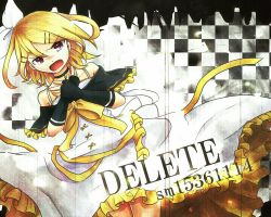 Rule 34 | 1girl, artist request, blonde hair, dress, english text, frilled dress, frills, gloves, hair ornament, hair ribbon, hairclip, hand on own chest, kagamine rin, open mouth, red eyes, ribbon, short hair, solo, vocaloid