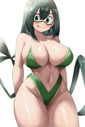 Rule 34 | 1girl, adapted costume, animated, animated gif, asui tsuyu, bare shoulders, bikini, black eyes, blinking, blush, boku no hero academia, bouncing breasts, breasts, closed mouth, collaboration, collarbone, commentary, cowboy shot, english commentary, green bikini, green hair, groin, hair between eyes, highleg, highleg bikini, highres, jasony, large breasts, long hair, looking at viewer, navel, simple background, solo, swimsuit, thick thighs, thighs, tongue, tongue out, very long hair, white background