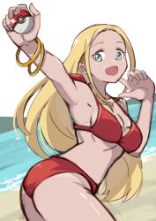 Rule 34 | 1girl, 34 (sanjushi), blonde hair, bracelet, breasts, creatures (company), game freak, green eyes, highres, holding, holding poke ball, jewelry, long hair, looking at viewer, medium breasts, nintendo, open mouth, poke ball, poke ball (basic), pokemon, pokemon xy, smile, solo, swimmer (pokemon), swimsuit