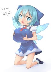Rule 34 | 1girl, alternate breast size, artist request, bad proportions, blue eyes, blue hair, bow, breast expansion, grabbing another&#039;s breast, breast hold, breasts, cirno, deep skin, dress, english text, frown, grabbing, hair bow, highres, huge breasts, ice, kneeling, looking at viewer, matching hair/eyes, non-web source, open mouth, oppai loli, short hair, solo, touhou, wings