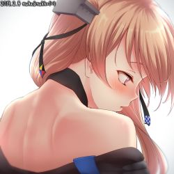Rule 34 | 1girl, blue shirt, blush, brown eyes, dated, hair ornament, headgear, highres, johnston (kancolle), kantai collection, light brown hair, long hair, looking at viewer, nuka (nvkka), off shoulder, one-hour drawing challenge, open mouth, school uniform, shirt, simple background, solo, twintails, white background