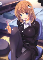 Rule 34 | 1girl, :d, absurdres, bed, blue eyes, breasts, brown hair, chair, clock, crotch, crotch seam, hair ornament, highres, holding, indoors, large breasts, looking at viewer, miyama-zero, my sensei, office chair, open mouth, panda, panties, panties under pantyhose, pantyhose, pillow, scan, short hair, sitting, smile, solo, swivel chair, underwear, white panties