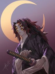 Rule 34 | 1boy, black hair, black kimono, closed mouth, colored sclera, commentary, crescent moon, drid, extra eyes, facial mark, fingernails, gradient background, highres, holding, holding sheath, honeycomb (pattern), japanese clothes, katana, kimetsu no yaiba, kimono, kokushibou, long hair, long sleeves, looking at viewer, male focus, moon, multicolored hair, ponytail, reaching, red hair, red sclera, scabbard, sharp fingernails, sheath, sheathed, signature, solo, standing, sword, two-tone hair, upper body, weapon, wide sleeves, yellow eyes