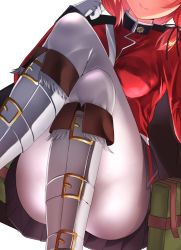 Rule 34 | 10s, 1girl, between legs, black ribbon, black skirt, boots, breasts, buckle, closed mouth, convenient leg, cosplay, crossed legs, eyepatch, fate/grand order, fate (series), feet out of frame, florence nightingale (fate), florence nightingale (fate) (cosplay), florence nightingale (third ascension) (fate), fur-trimmed boots, fur trim, gloves, hair ribbon, twirling hair, head out of frame, knee boots, lips, long sleeves, love live!, love live! school idol project, medium breasts, medium hair, military, military uniform, miniskirt, nanasumi (pantie party project), nishikino maki, pantyhose, pouch, red hair, ribbon, simple background, skirt, smile, solo, uniform, white background, white footwear, white gloves, white pantyhose