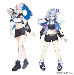 2girls ahoge alternate_costume alternate_hairstyle amane_kanata angel_wings bare_legs bear_hair_ornament belt beyond_the_way_(vocaloid) black_footwear black_nails black_shorts black_skirt blue_eyes blue_hair blue_jacket boots breasts cleavage closed_mouth clothes_writing colored_inner_hair commentary copyright_notice cropped_jacket cropped_shirt cross-laced_footwear crossed_bangs crossed_legs double-parted_bangs earrings english_commentary expressionless feathered_wings full_body gradient_wings grey_hair hair_between_eyes hair_ornament hair_over_shoulder hairclip halo halter_shirt halterneck hand_up high_ponytail highres hololive hololive_indonesia jacket jewelry lace-up_boots legs_apart long_hair looking_at_viewer messy_hair mini_wings miniskirt multicolored_hair multicolored_wings multiple_girls nail_polish navel official_alternate_hairstyle official_art open_clothes open_jacket pavolia_reine pink_hair platform_footwear purple_eyes rararamax see-through_cleavage see-through_clothes shirt shoes short_shorts shorts side_slit sidelocks simple_background single_hair_intake skirt sleeveless sleeveless_shirt sneakers standing star_halo streaked_hair swept_bangs two-sided_fabric two-sided_jacket very_long_hair virtual_youtuber white_background white_belt white_footwear white_jacket white_wings wings x_hair_ornament