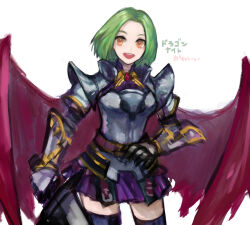 Rule 34 | 1girl, armor, belt, black thighhighs, breastplate, character name, commentary request, cowboy shot, dragon knight (ragnarok online), dragon wings, gauntlets, green hair, holding, holding sword, holding weapon, looking at viewer, miniskirt, mogukk, open mouth, orange eyes, pauldrons, purple belt, purple skirt, ragnarok online, red wings, short hair, shoulder armor, simple background, skirt, smile, solo, sword, thighhighs, weapon, white background, wings, zettai ryouiki