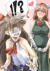 Rule 34 | !?, 2girls, ascot, bandaged arm, bandages, bare shoulders, belt, blush, bow, breast rest, breasts, brown eyes, brown hair, bun cover, china dress, chinese clothes, collarbone, double bun, dress, artistic error, fang, green dress, hair bow, heart, horn ornament, horn ribbon, horns, ibaraki kasen, ibuki suika, large breasts, multiple girls, open mouth, pink hair, pregnant, red ascot, ribbon, shirt, skirt, sleeveless, sleeveless shirt, small breasts, smile, spoken heart, thighhighs, touhou, turn pale, v-shaped eyebrows, wide-eyed, wrist cuffs, yohane