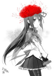 Rule 34 | 10s, 1girl, akemi homura, black hair, cowboy shot, flower, from behind, from side, greyscale, hair ribbon, hairband, highres, homulilly, long hair, looking at viewer, looking back, magical girl, mahou shoujo madoka magica, mahou shoujo madoka magica: hangyaku no monogatari, monochrome, pantyhose, ribbon, simple background, solo, spider lily, spoilers, spot color, stocks, white background, yomio