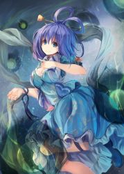 Rule 34 | 1girl, blue dress, blue eyes, blue hair, breasts, cleavage, closed mouth, danmaku, dress, fal maro, flower, frills, hagoromo, hair ornament, hair rings, hair stick, kaku seiga, looking at viewer, medium breasts, open clothes, open vest, puffy sleeves, resized, shawl, short hair, short sleeves, smile, socks, solo, stick, touhou, vest, white socks, white vest