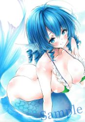 Rule 34 | 1girl, arim0k0, ass, bikini, bikini top only, blue eyes, blue hair, breasts, butt crack, cleavage, closed mouth, drill hair, drill sidelocks, fins, from above, green bikini, head fins, highres, looking at viewer, partially submerged, sample watermark, short hair, sidelocks, smile, solo, swimsuit, touhou, wakasagihime, watermark