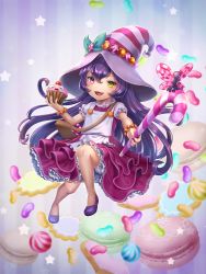 Rule 34 | :d, alternate skin color, bag, bittersweet lulu, bloomers, bracelet, candy, candy can, child, cupcake, food, full body, handbag, hat, heterochromia, holding, holding food, jelly bean, jewelry, league of legends, long hair, looking at viewer, lulu (league of legends), macaron, open mouth, pink skirt, purple footwear, purple hair, skirt, smile, solo, striped clothes, striped headwear, underwear, wand, witch hat