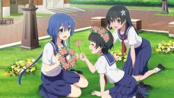 3girls :d black_footwear black_hair blue_eyes blue_hair blue_sailor_collar blue_skirt closed_eyes crossover day facing_another flower game_cg grass head_wreath holding holding_flower kneeling leaning_forward long_hair looking_at_another loose_socks multiple_girls neckerchief official_art on_ground open_mouth outdoors pleated_skirt red_neckerchief sailor_collar sakugawa_school_uniform saten_ruiko school_uniform serafuku setouchi_chie shirt shoes short_hair short_sleeves sitting skirt smile socks toaru_kagaku_no_railgun toaru_majutsu_no_index toji_no_miko toji_no_miko:_kizamishi_issen_no_tomoshibi uiharu_kazari white_shirt white_socks yokozuwari