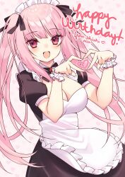 Rule 34 | 1girl, alternate costume, apron, artist name, black bow, black bowtie, black ribbon, bow, bowtie, breasts, cleavage, dated, enmaided, frilled apron, frills, hair ribbon, happy birthday, heart, heart background, heart hands, highres, hololive, hololive english, large breasts, long hair, looking at viewer, maid, maid apron, maid headdress, mori calliope, open mouth, pink eyes, pink hair, ribbon, solo, twintails, two-tone dress, virtual youtuber, watashishi, white apron