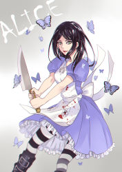 Rule 34 | 1girl, absurdres, alice (alice in wonderland), alice in wonderland, alice liddell (american mcgee&#039;s alice), american mcgee&#039;s alice, apron, black hair, blood, bug, butterfly, dress, green eyes, highres, insect, knife, lipstick, makeup, striped clothes, striped thighhighs, thighhighs