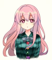 Rule 34 | 1girl, expressionless, fujishiro emyu, hata no kokoro, long hair, looking at viewer, open mouth, parted lips, pink eyes, pink hair, plaid, plaid shirt, shirt, simple background, solo, touhou