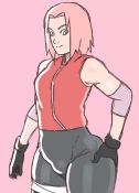Rule 34 | 1girl, animated, ass, ass grab, bare shoulders, bike shorts, black gloves, blush, d-art, gloves, green eyes, hand on own hip, haruno sakura, heart, huge ass, looking at viewer, naruto (series), naruto shippuuden, pink background, pink hair, salute, smile, smoke, solo, thick thighs, thighs, video, wide hips