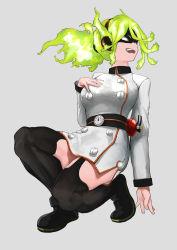 Rule 34 | 1girl, absurdres, arm at side, artist request, belt, black belt, black footwear, black mask, black thighhighs, boku no hero academia, boots, breasts, burnin (boku no hero academia), buttons, collared dress, crazy eyes, domino mask, double-breasted, dress, eyebrows visible through mask, eyelashes, fangs, female focus, fiery hair, fire, fire extinguisher, full body, gradient hair, green hair, grey background, hair between eyes, hairband, hand on ground, hand on own chest, hand up, highres, huge filesize, kamiji moe, knee up, large breasts, legs, long hair, long sleeves, looking to the side, mask, multicolored hair, neck, open mouth, short dress, side slit, sidelocks, simple background, squatting, thigh strap, thighhighs, thighs, thighs together, tight clothes, tight dress, tiptoes, turning head, white dress, yellow eyes