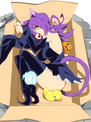 Rule 34 | 1girl, :d, absurdres, aetherion, animal ears, bare shoulders, black dress, black thighhighs, blair (soul eater), box, breasts, cardboard box, cat ears, cat girl, cat tail, detached sleeves, dress, fang, fingernails, full body, hat, highres, in box, in container, jack-o&#039;-lantern, large breasts, long hair, looking at viewer, lying, microdress, nail polish, on side, open mouth, paw pose, pink nails, pumpkin, purple hair, rubber duck, sharp fingernails, smile, solo, soul eater, tail, thighhighs, witch, witch hat