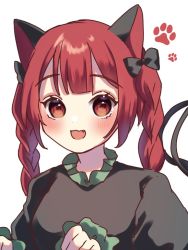 Rule 34 | 1girl, :d, animal ears, black bow, blunt bangs, blush, bow, braid, cat ears, dress, fang, hair bow, kaenbyou rin, long sleeves, looking at viewer, one-hour drawing challenge, open mouth, paw pose, paw print, paw print background, red eyes, red hair, simple background, siomi 403, smile, solo, touhou, twin braids, twintails, upper body, white background