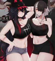 Rule 34 | 2boys, 2girls, arm behind head, bike shorts, black hair, black nails, black tank top, borrowed character, braid, breasts, chigen (drakkai10), cleavage, commentary, crop top, english commentary, frown, grey hair, hair over one eye, hand on own hip, heart (home sweet home), highres, home sweet home (game), huge breasts, jewelry, k (kuayrenaiz), leia (kuayrenaiz), long hair, low-tied long hair, mask, multicolored hair, multiple boys, multiple girls, original, red eyes, red hair, ring, scar, scar on arm, scar on stomach, short shorts, shorts, streaked hair, tank top, two-tone hair, very long hair