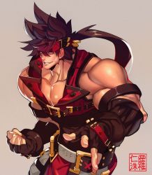 Rule 34 | 1boy, absurdres, bara, bare shoulders, belt buckle, brown hair, buckle, clenched hand, covered abs, fingerless gloves, gloves, glowing, glowing eyes, guilty gear, harness, headgear, highres, large pectorals, long hair, male focus, muscular, muscular male, na insoo, open clothes, pectorals, pelvic curtain, ponytail, shiny skin, simple background, sleeveless, sol badguy, solo, spiked hair, tight clothes, yellow eyes