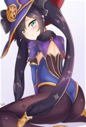 Rule 34 | 1girl, artist request, ass, blush, cape, detached sleeves, from behind, genshin impact, gloves, green eyes, hair ornament, hat, leotard, long hair, looking at viewer, mona (genshin impact), pantyhose, purple hair, shiny clothes, sitting, solo, thighlet, twintails, very long hair, wariza