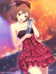 Rule 34 | 1girl, andou hitomi, bad id, bad pixiv id, bare shoulders, bow, breasts, brown eyes, brown hair, cleavage, confetti, dress, frilled dress, frills, hair bow, ilog, jewelry, mana kakkowarai, medium breasts, necklace, short hair, smile, solo, strapless, strapless dress, trophy