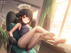Rule 34 | 1girl, black hair, blue archive, chair, chinese clothes, double bun, feet, gloves, hair bun, halo, kisaki (blue archive), long hair, looking at viewer, pantyhose, sitting, soles, table, toes, twintails