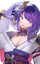 Rule 34 | 1girl, absurdres, breasts, cleavage, commentary request, derlyt, genshin impact, hair ornament, highres, long hair, looking at viewer, medium breasts, off shoulder, open mouth, purple eyes, purple hair, raiden shogun, solo, upper body