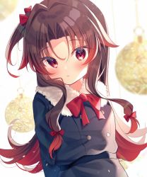 Rule 34 | 1girl, absurdres, black dress, blurry, blurry background, blush, bow, brown hair, christmas ornaments, closed mouth, commentary request, depth of field, dress, fur collar, gradient hair, gyozanuko, hair between eyes, hair ribbon, highres, long hair, looking at viewer, multicolored hair, one side up, parted bangs, red bow, red eyes, red hair, red ribbon, ribbon, ryuuou no oshigoto!, solo, upper body, very long hair, white background, yashajin ai
