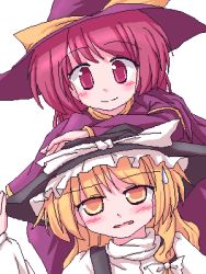 Rule 34 | 2girls, blonde hair, blush, bow, dual persona, female focus, hair bow, hat, kirisame marisa, kirisame marisa (pc-98), lowres, lzh, md5 mismatch, multiple girls, red eyes, red hair, simple background, smile, split mouth, the story of eastern wonderland, time paradox, touhou, touhou (pc-98), witch, witch hat, yellow eyes
