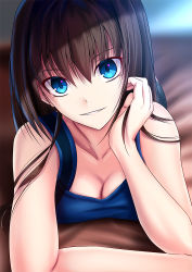 Rule 34 | 1girl, akeyama kitsune, aozaki aoko, arm support, blue eyes, blurry, breasts, brown hair, head rest, cleavage, collarbone, depth of field, downblouse, hair between eyes, hand on own chin, large breasts, looking at viewer, lying, mahou tsukai no yoru, on side, smile, solo