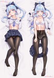 Rule 34 | 1girl, ayaka (genshin impact), bed, black pantyhose, blue eyes, blue hair, blunt bangs, blunt tresses, blush, bow, bra, breasts, cameltoe, clothes lift, collarbone, commentary request, covered navel, dakimakura (medium), embarrassed, feet, genshin impact, gluteal fold, hair bow, hair ribbon, highres, kamisato ayaka, kamisato ayaka (heytea), light blue hair, long hair, long sleeves, looking at viewer, lying, matrix16, medium breasts, mole, mole under eye, multiple views, no shoes, off shoulder, official alternate costume, on back, open clothes, open mouth, open shirt, panties, pantyhose, ponytail, ribbon, sailor collar, school uniform, serafuku, shirt, shirt lift, skirt, skirt lift, sweatdrop, thigh gap, thighband pantyhose, thighs, tress ribbon, underwear, wavy mouth, white bra, white sailor collar, white shirt
