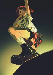 Rule 34 | 1girl, arm up, black footwear, black shorts, blue eyes, brown hair, clothes writing, commentary, english commentary, from below, girls band cry, half-skirt, highres, holding, holding microphone, iseri nina, lostack3, low twintails, microphone, open mouth, plaid, plaid skirt, pleated skirt, red skirt, shikai no sumi kuchiru oto, shirt, short hair, short sleeves, short twintails, shorts, shorts under skirt, skirt, socks, solo, sweat, twintails, white shirt, white socks